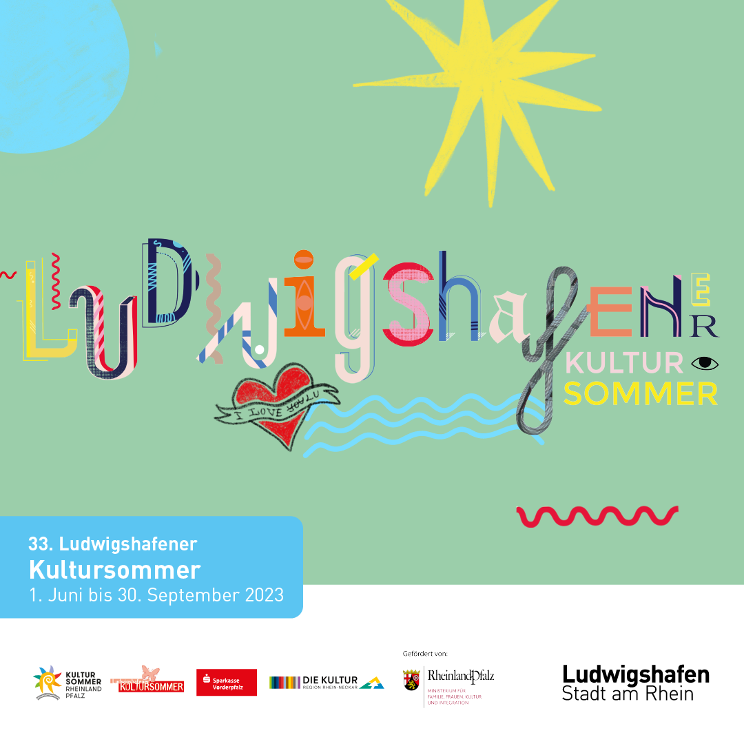 Grafik-Visual des Ludwigshafeners Kultursommers mit bunten Buchstaben, Sonne, Herz, Wasser